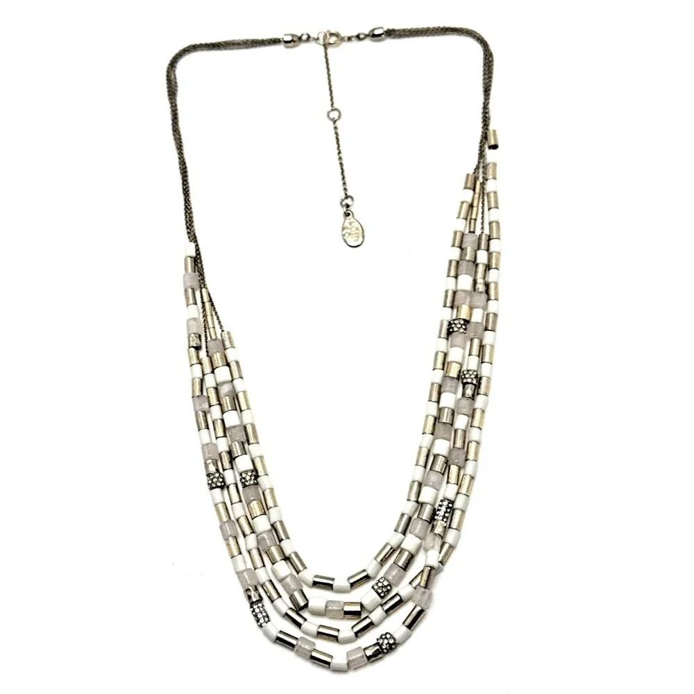 ANN TAYLOR LOFT Necklace Multi Strand White Gold Tone Tube Beaded Statement 18